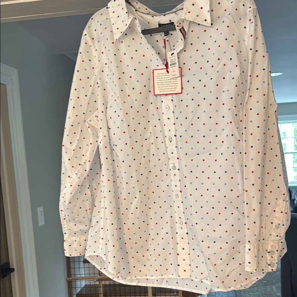 Talbots White and Red Blouse with Polka Dots